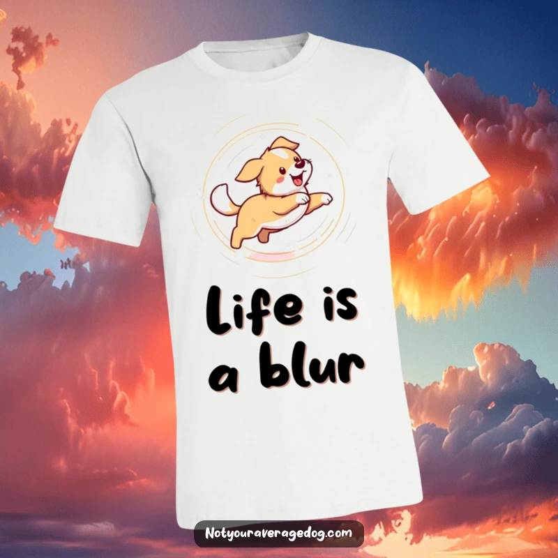 Funny t-shirt showing a dog in a dizzying spin, chasing its tail. Humorous pet apparel for those who enjoy lighthearted fun.