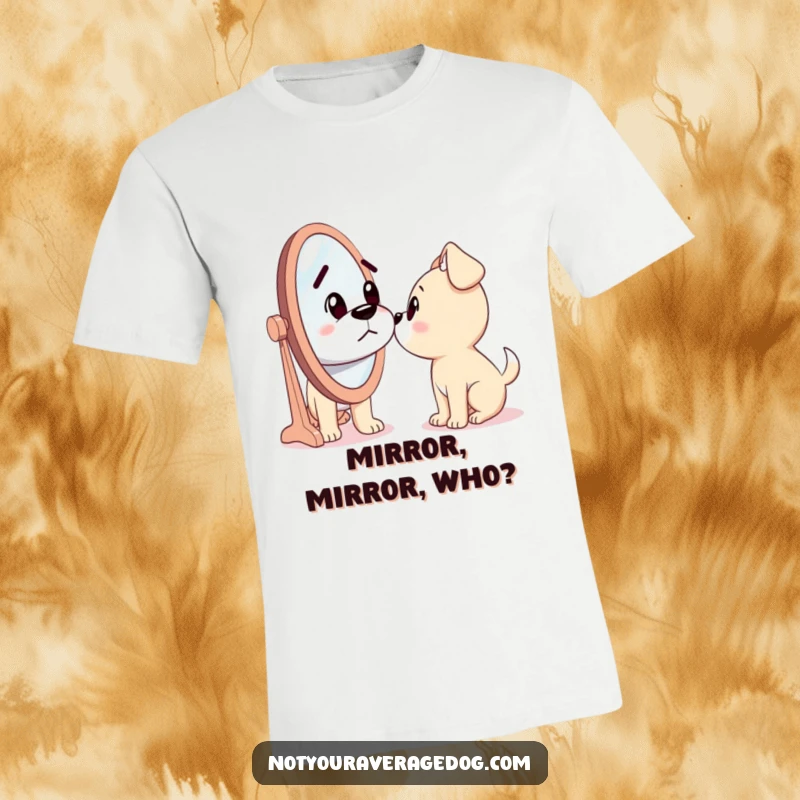 Funny t-shirt featuring a dog staring with confusion at a mirror, seemingly questioning the identity of the silly stranger within.