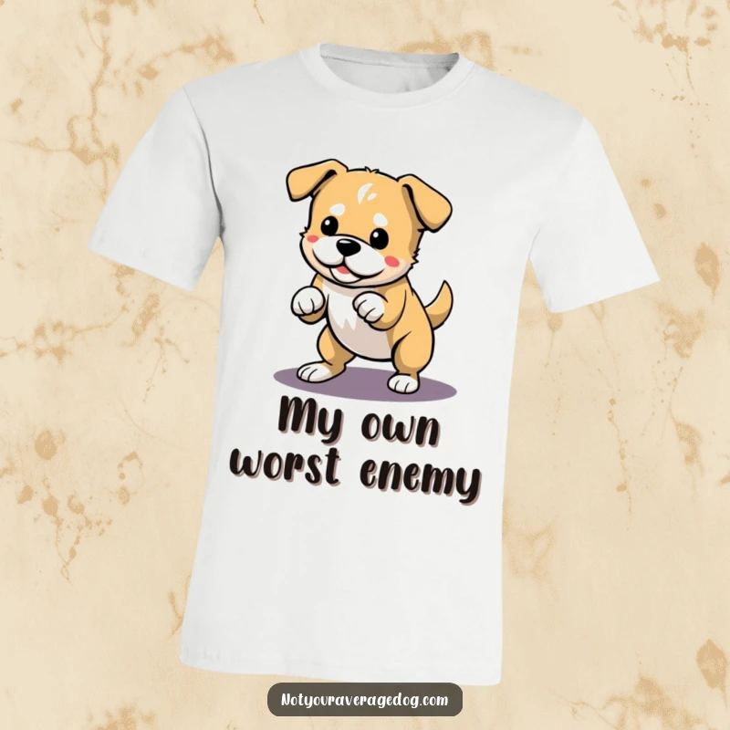 Funny t-shirt with a dog comically pouncing towards its own shadow, conveying boundless energy and playful mischief.