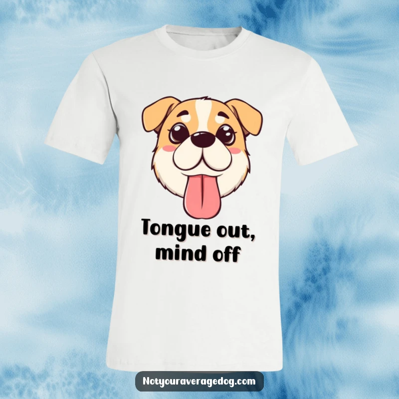 Funny silly dog face t-shirt depicting a dog with crossed eyes and a lolling tongue, showcasing canine humor and charm.
