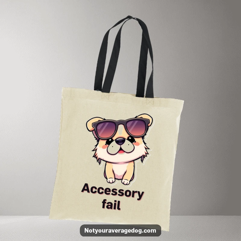 Funny tote bag with a dog hilariously wearing sunglasses upside down, perfect for dog lovers and humorous everyday use.