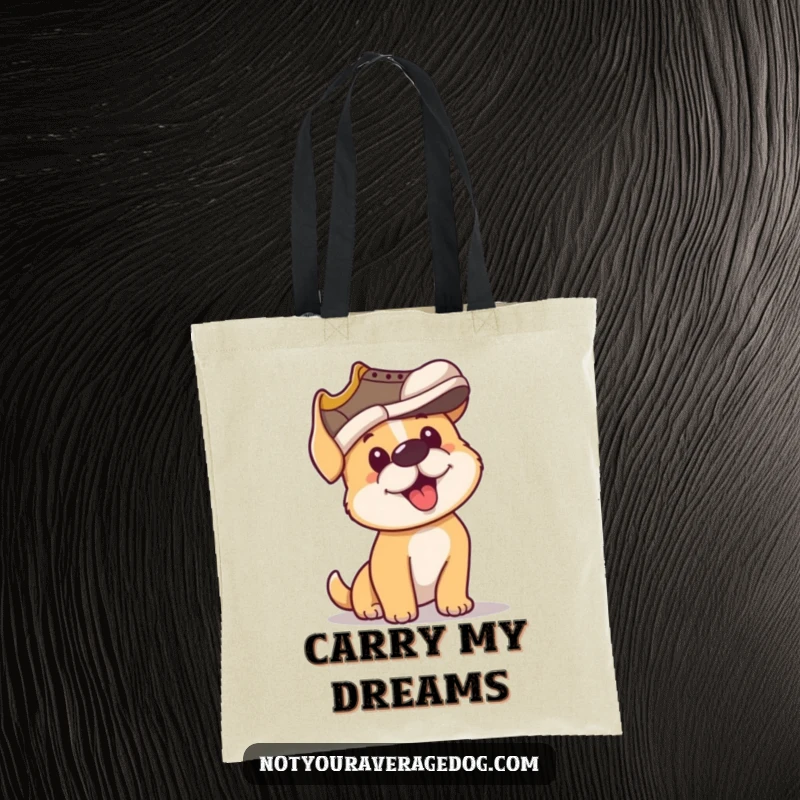 Funny tote bag with a determined dog trying to wear a shoe on its head, showcasing its unique fashion sense.