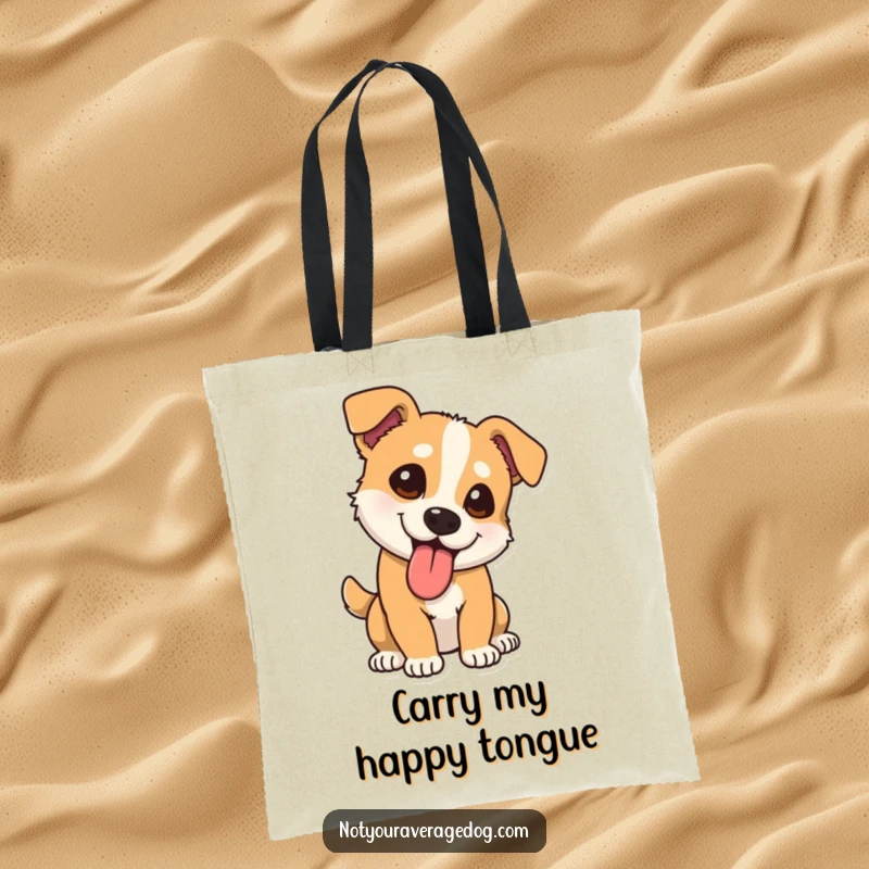 Funny dog tote bag with tongue lolling out at a comical angle, offering a humorous and practical way to carry belongings.