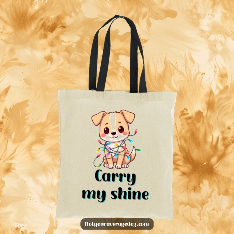 Funny tote bag with a dog adorably tangled in colorful festive lights, perfect for carrying holiday shopping or gifts.