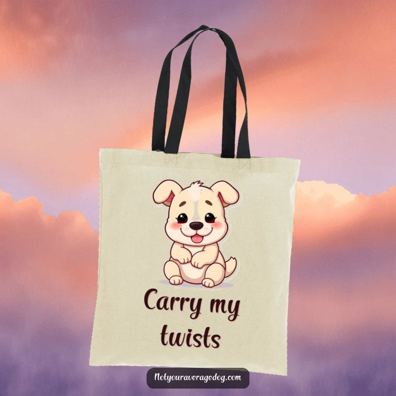 Funny dog twisted into a pretzel shape on a tote bag, a humorous and practical accessory.