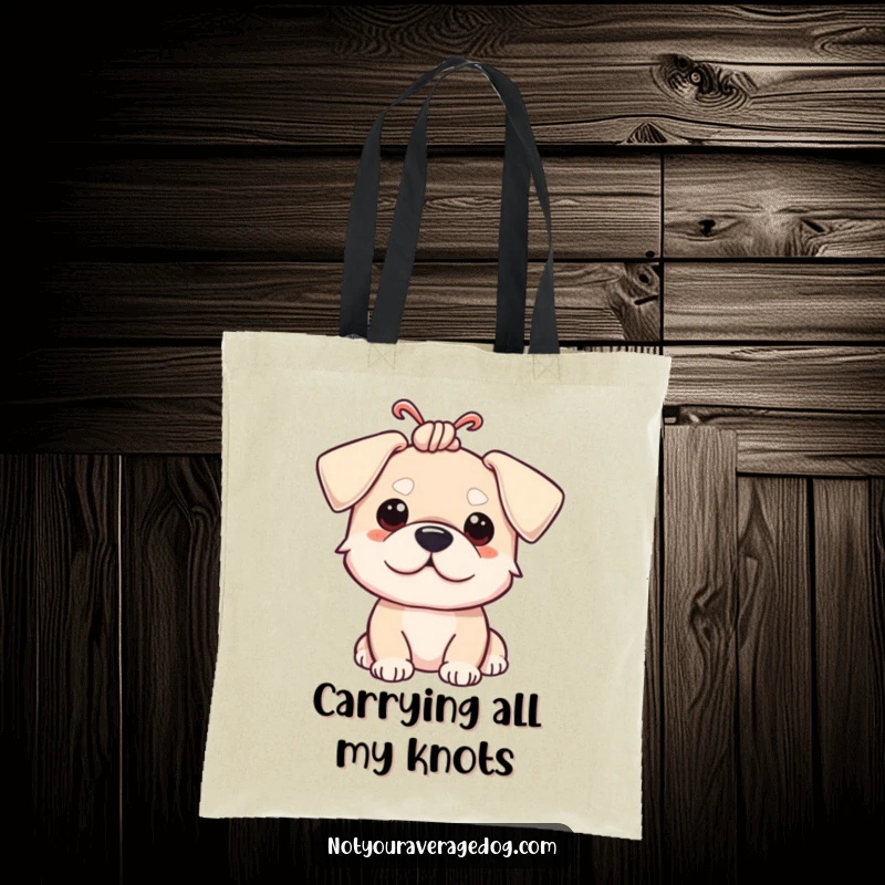 Durable funny tote bag showcasing a dog with its ears humorously tied in a knot for maximum laughs.