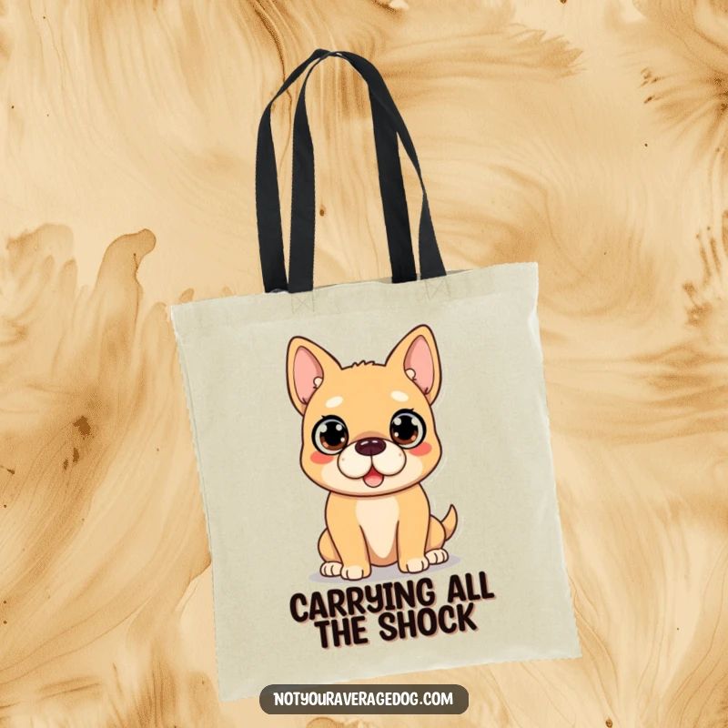 Funny Dog Tote Bag: A dog displays a comical surprise with huge, wide-open eyes, a humorous and practical accessory.