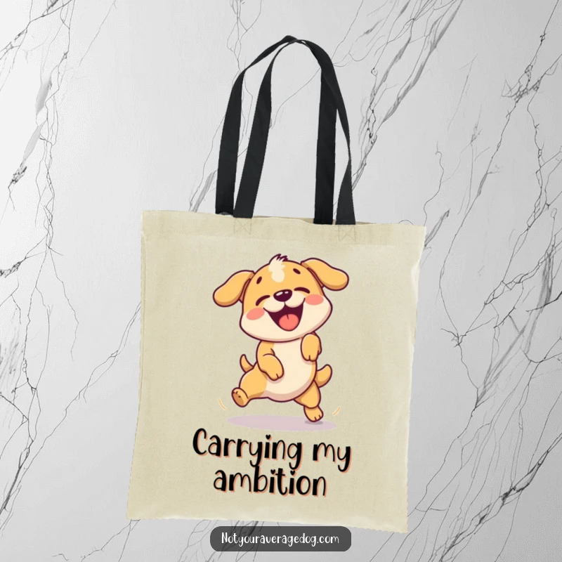 Funny tote bag showcasing a dog enthusiastically failing a simple jump with a comical landing.