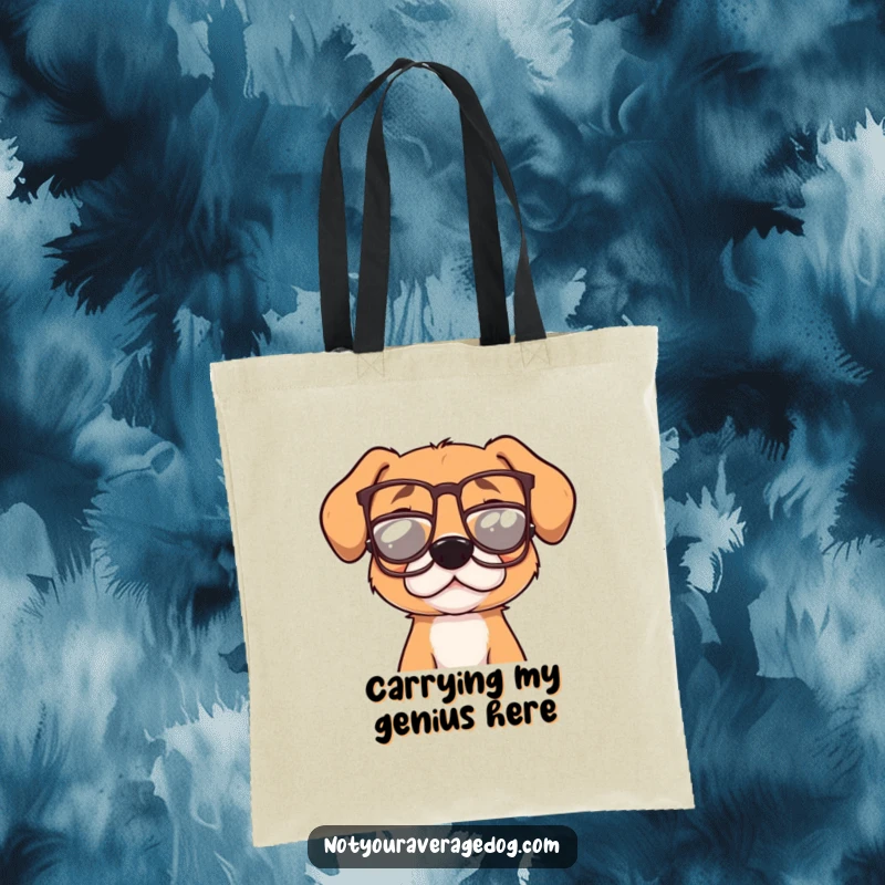 Funny dog wearing small, ill-fitting glasses on a tote bag, looking studious but goofy, great for carrying books and smiles.