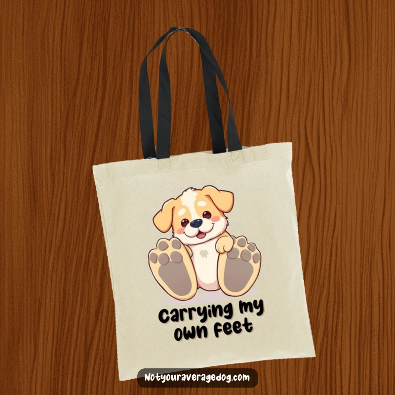 Funny tripping dog tote bag, a silly dog tripping over its own enormous paws, comical and cute.