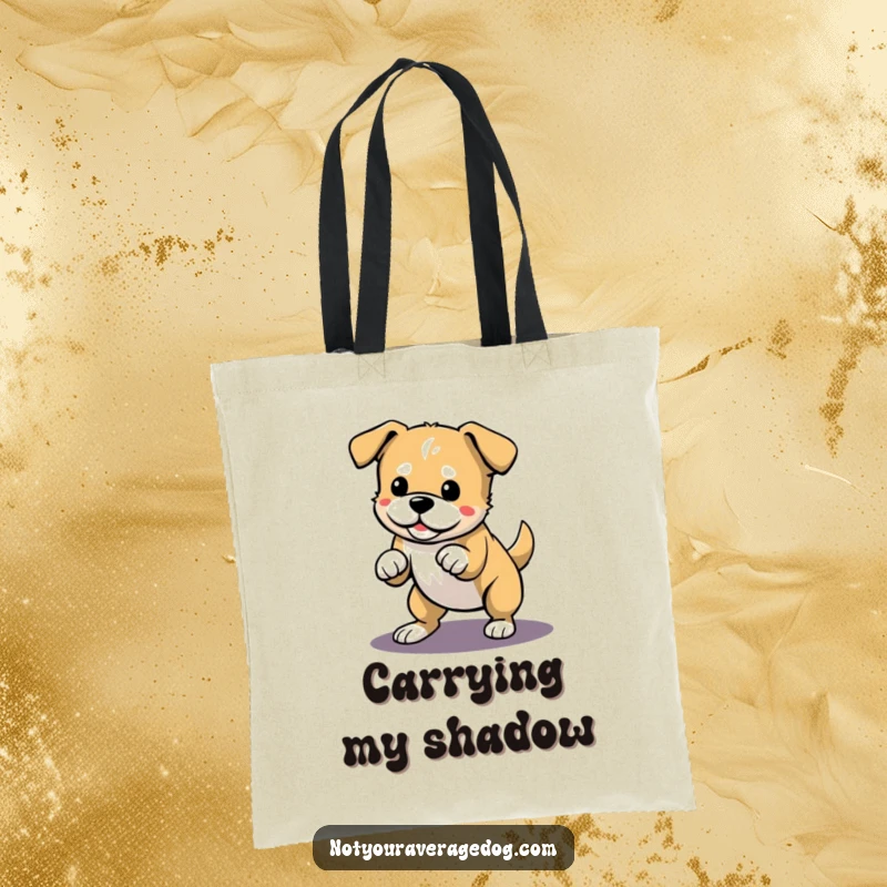 Funny tote bag with a dog playfully pouncing on its shadow, a cheerful companion for errands.