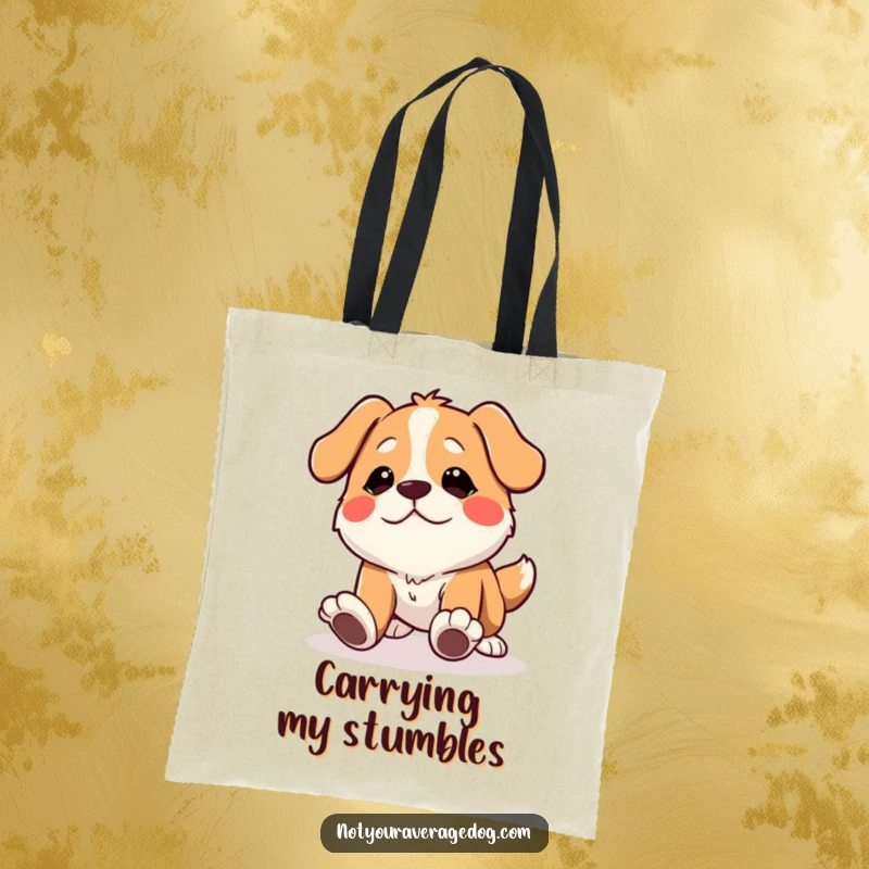 Funny dog tote bag featuring a character tripping over its own feet with a comical expression, great for shopping.