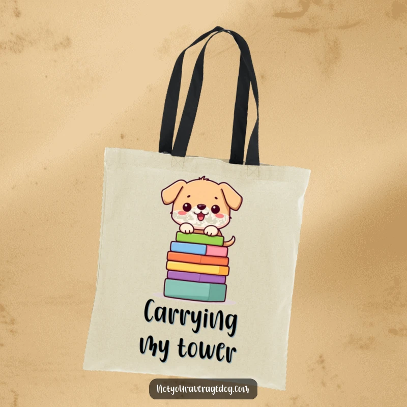 Funny dog tote bag featuring a character precariously balancing a stack of colorful blocks, great for shopping.