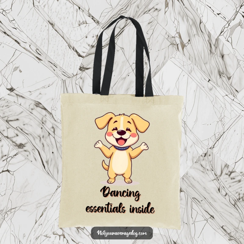 Funny tote bag illustrating a dog character performing a silly dance with its floppy ears, a whimsical accessory for music lovers.