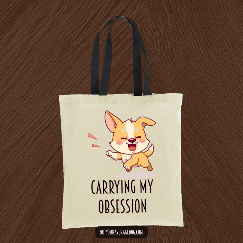 Funny chasing shadow dog tote bag, a silly dog intensely focused on chasing its own shadow, humorous.