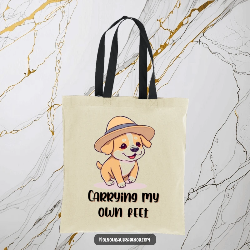Funny dog with a comically oversized hat tripping over its paws, a sturdy and hilarious tote bag for everyday use.