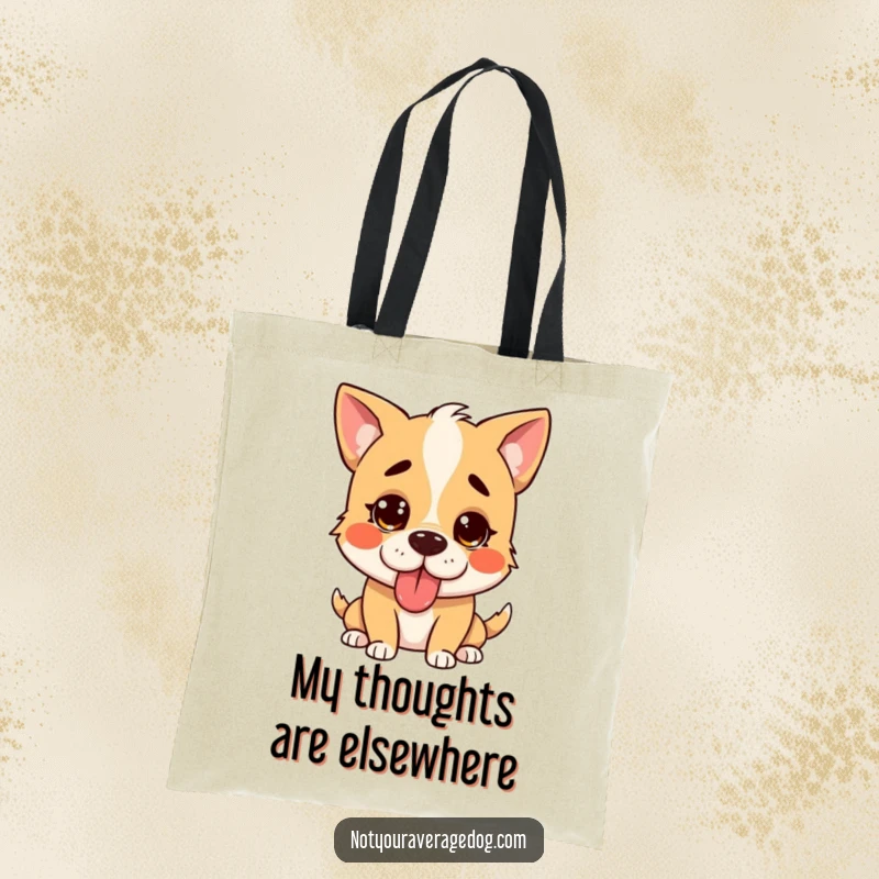 Funny confused dog tote bag, a silly dog with its tongue sticking out at an odd angle, confused expression.