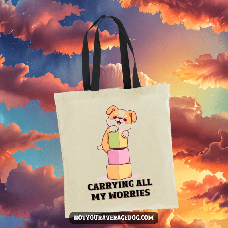 Funny tote bag with a dog failing to balance a tower of cubes, highlighting the humor in everyday struggles.