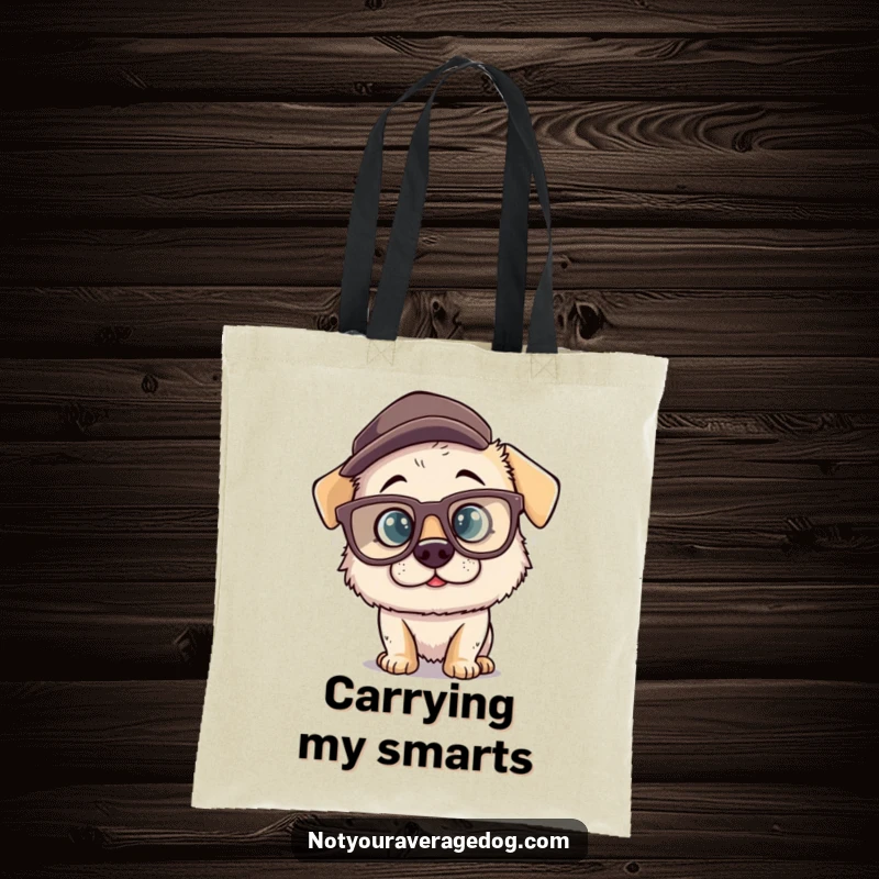 Funny tote bag illustrating a silly dog character wearing oversized comical glasses and a misplaced hat, perfect for stylishly carrying items with canine comedy.
