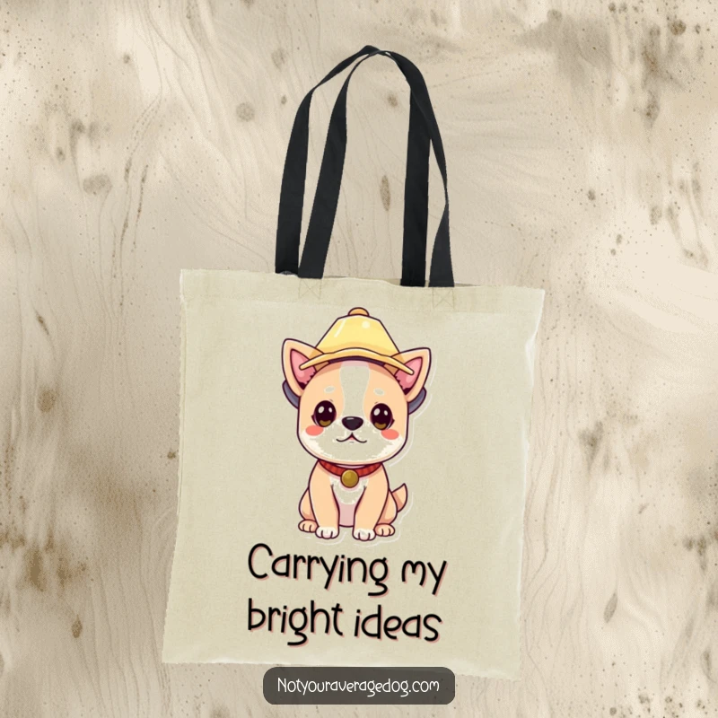 Funny dog sporting a lampshade as a hat, making this tote bag a statement of joy and lightheartedness.