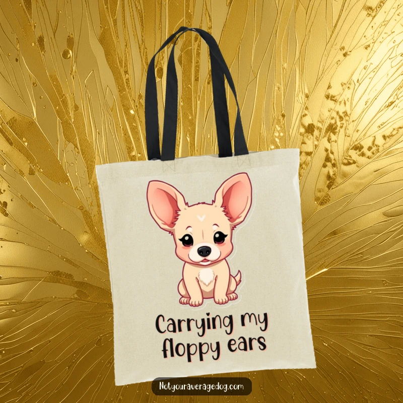 Funny Tote Bag showcasing a dog with comically oversized, floppy ears that seem to have a life of their own, full of playful energy.