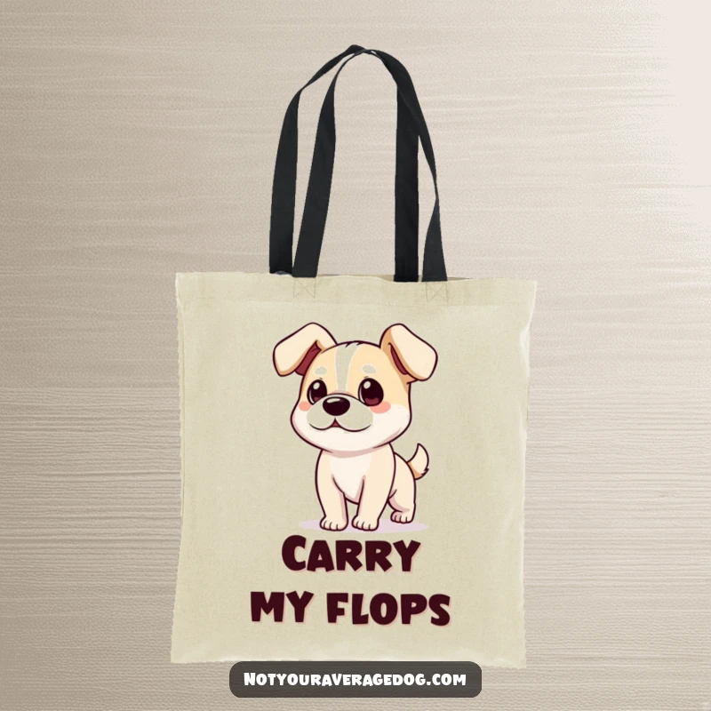 Funny dog with ears flopping comically on a tote bag, a humorous and practical accessory.