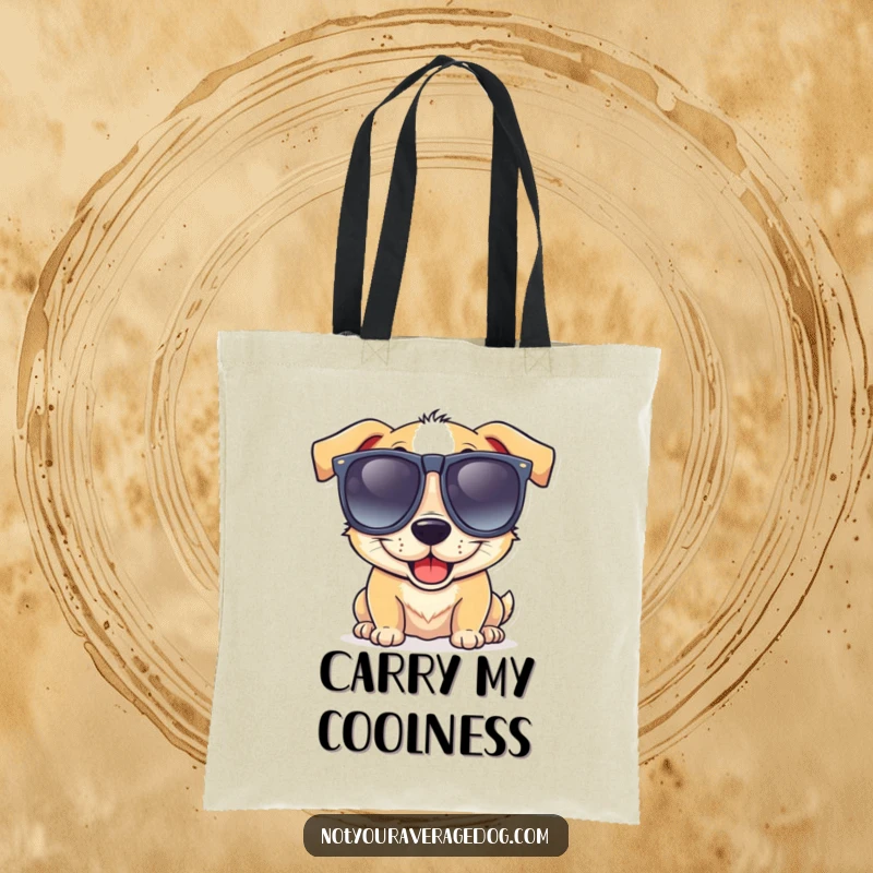 Funny tote bag featuring a dog wearing huge, goofy sunglasses and a big, lop-sided grin, perfect for carrying anything.