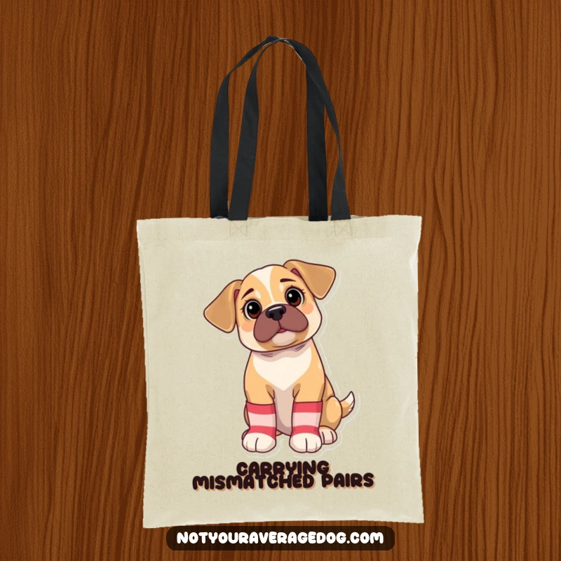 Funny Tote Bag: Bewildered puppy wearing oversized, mismatched socks, a cute and humorous accessory for everyday adventures.