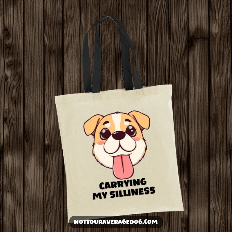 Funny silly dog face tote bag showing a dog with crossed eyes and a floppy tongue, perfect for carrying dog essentials.