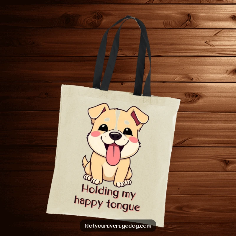 Funny tote bag showcasing a dog making a silly face with its tongue sticking out. Humorous and practical for daily use.