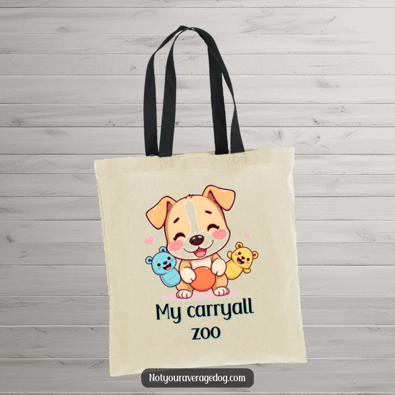 Funny dog tote bag featuring a character juggling three squeaky toys with energetic flair, great for shopping.