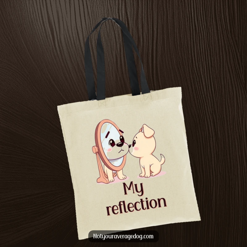 Funny tote bag with a dog looking confusedly at a mirror, wondering about the silly stranger staring back.