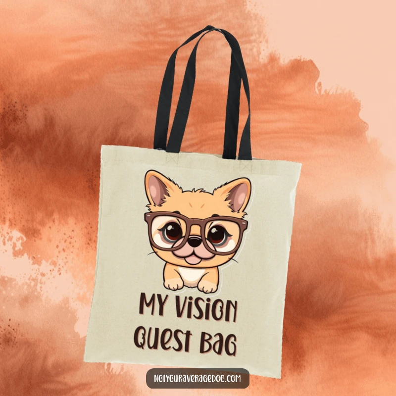 Durable funny tote bag with a dog attempting to wear comically oversized sunglasses.
