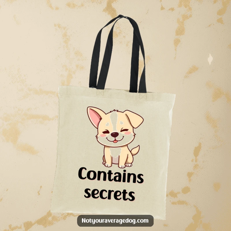 Funny dog tote bag showing a silly dog with one ear flopped and a mischievous wink, perfect for carrying items.